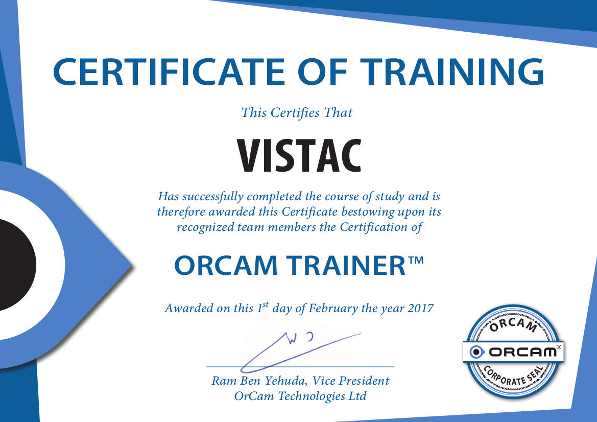 Das Bild zeigt das OrCam Trainigszertifikat des Vistac-Teams.